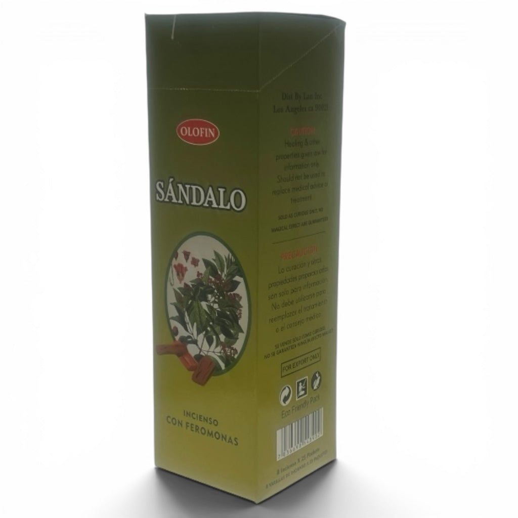 Olofin Sándalo incense box, featuring a dark olive green packaging with a botanical illustration of cinnamon leaves and roots, and a red Olofin logo.