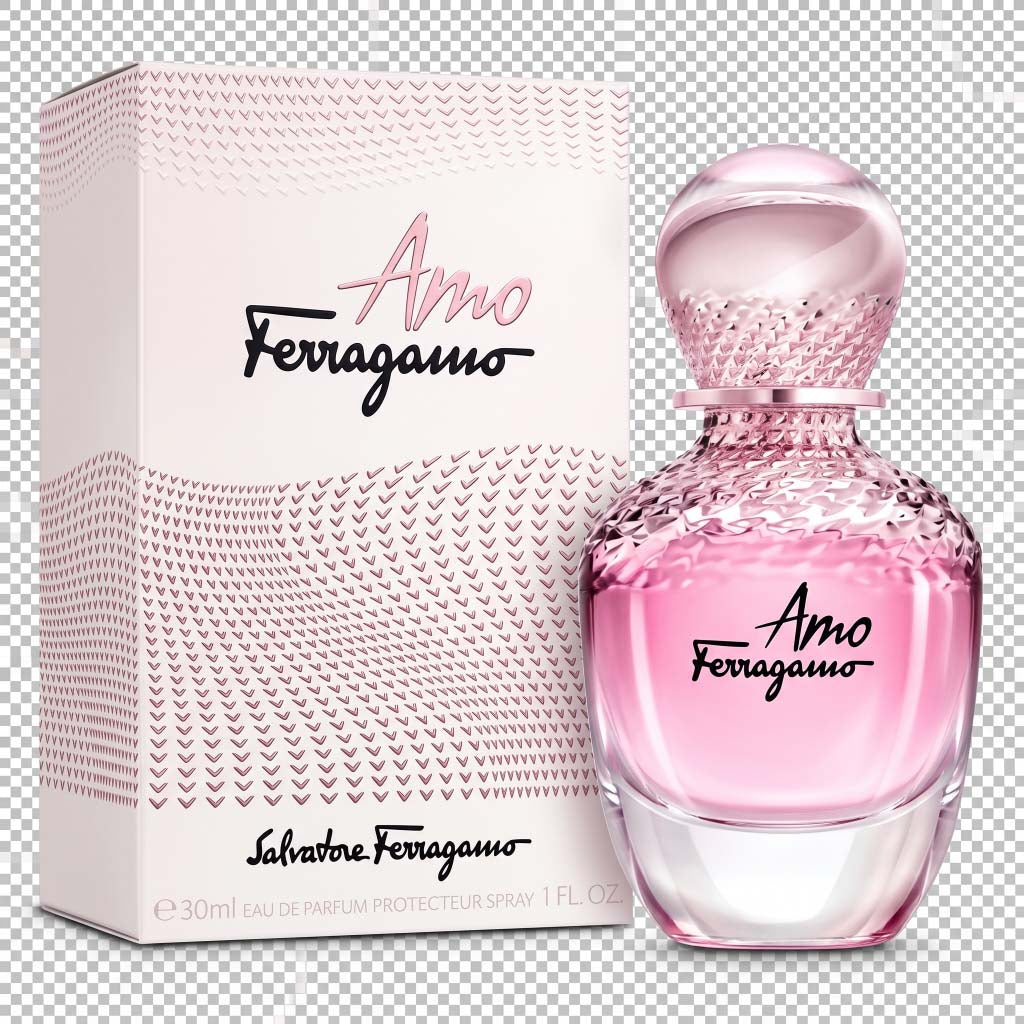 Pink Salvatore Ferragamo perfume bottle and packaging on a transparent background