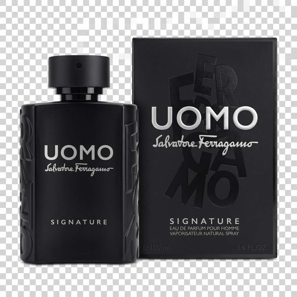 Black Salvatore Ferragamo Uomo perfume bottle and packaging on a transparent background