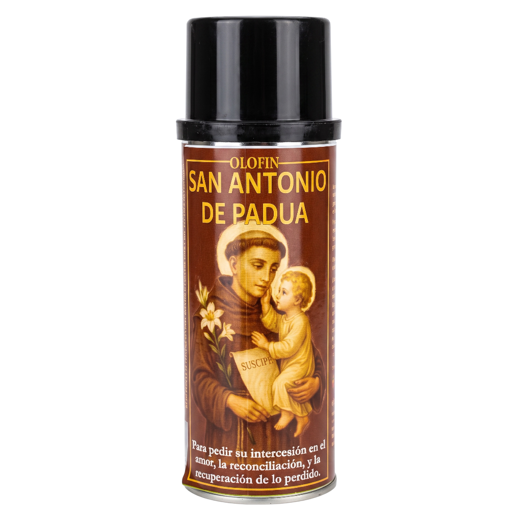 A can of Olofin San Antonio de Padua religious spray with a black cap and a brown label featuring a saint and child illustration.