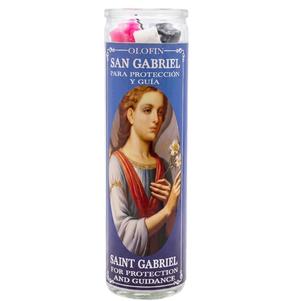 A tall glass prayer candle labeled 'Olofin San Gabriel Para Protección Y Guía' with a blue label featuring an illustration of Saint Gabriel, shown on a plain white background.