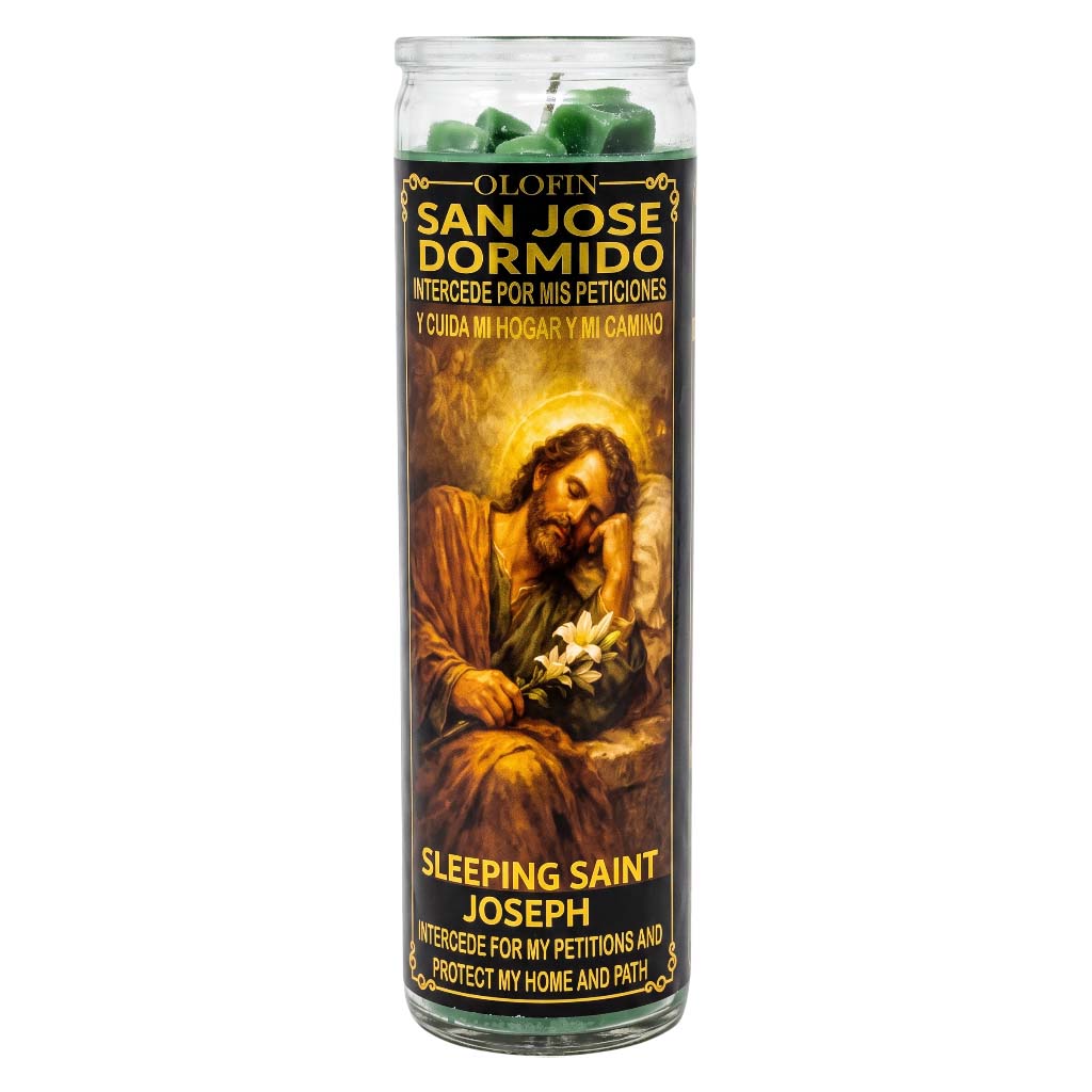 A tall glass jar prayer candle featuring a printed image of Saint Joseph sleeping on a bed with a green rosary resting on top. The label reads 'OLOFIN SAN JOSE DORMIDO' and 'SLEEPING SAINT JOSEPH' in yellow text on a dark background.