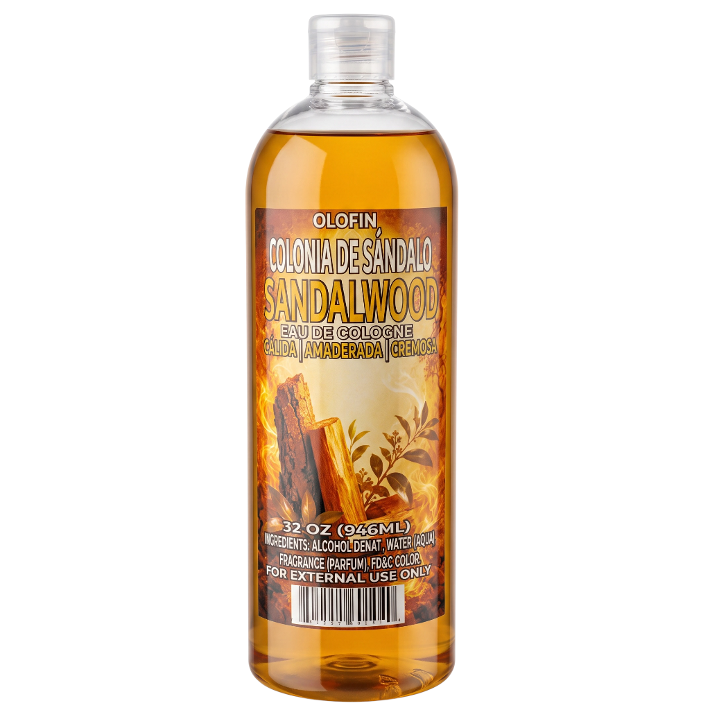 A 32 oz clear plastic bottle of Olofin Sandalwood Eau de Cologne with a brown and orange label depicting wood logs and flames, on a white background.