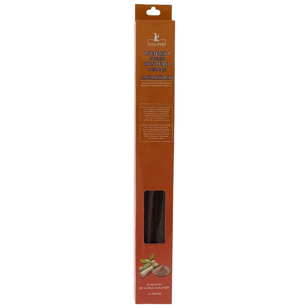A tall, narrow brown cardboard package containing four dark brown sandalwood incense sticks, shown against a plain white background.