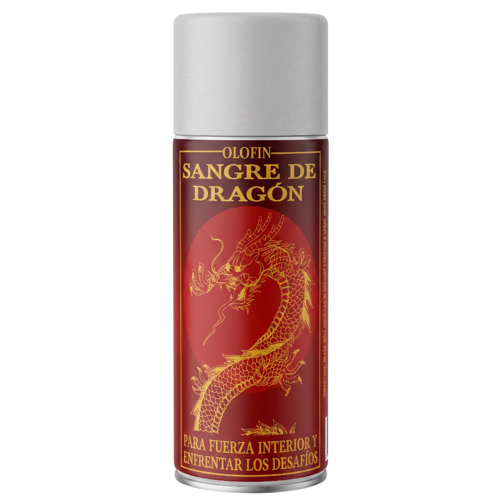 A can of Olofin Sangre de Dragón spray with a red label featuring a gold dragon illustration, set against a plain white background.