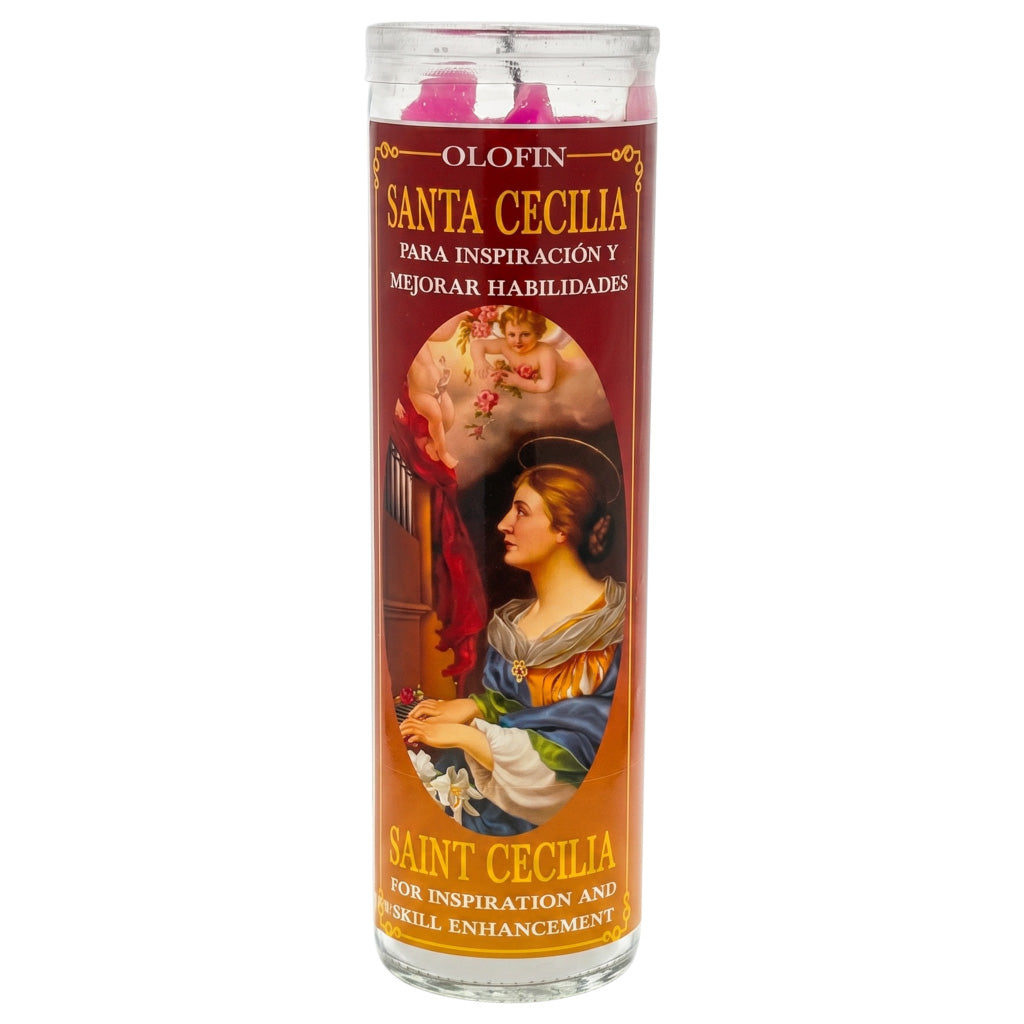 A tall glass prayer candle with a red and gold label featuring an illustration of Saint Cecelia. The label reads 'Olofin Santa Cecilia' and 'Saint Cecilia'.