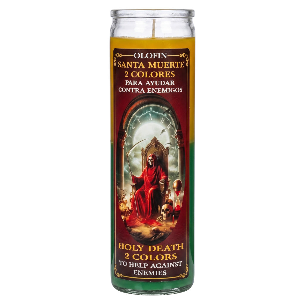 A tall glass prayer candle with a printed label reading 'OLOFIN SANTA MUERTE 2 COLORES' and 'HOLY DEATH 2 COLORS,' featuring a dark illustration of a robed figure on a throne with red, gold, and green color-blocked sections on a white background.