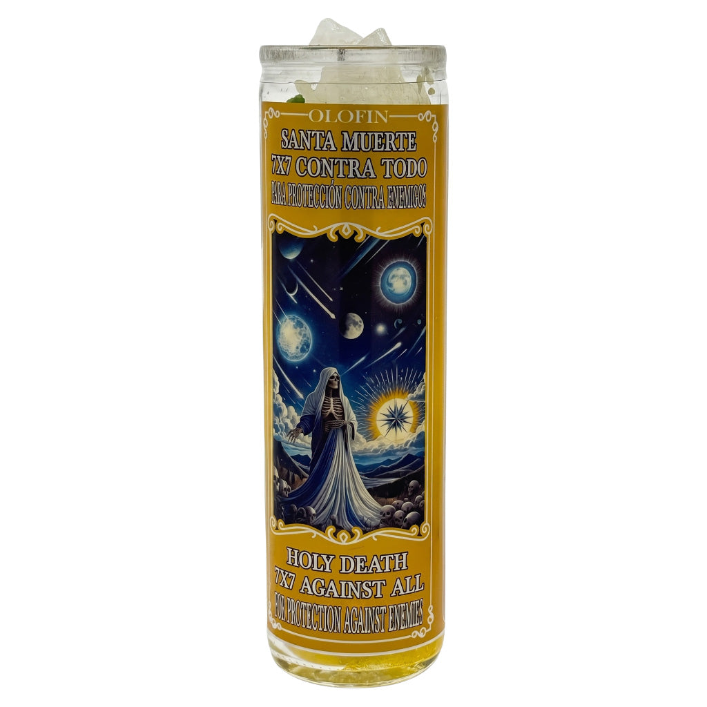 A tall glass prayer candle with a white wax fill and a detailed Santa Muerte label, shown on a plain white background.