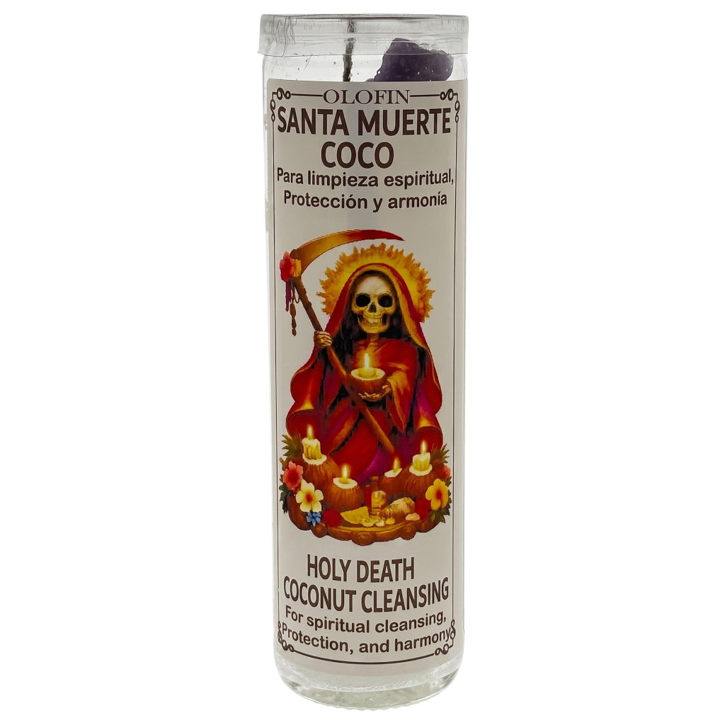 A tall glass jar candle with a white label featuring a colorful illustration of Santa Muerte. The label reads 'OLOFIN SANTA MUERTE COCO' and 'HOLY DEATH COCONUT CLEANSING'.