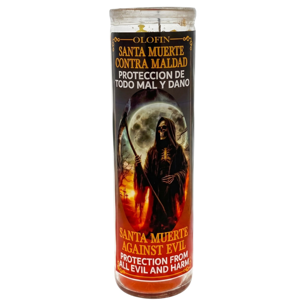 A tall glass jar candle with a Santa Muerte graphic label, featuring Spanish and English text reading 'Santa Muerte Contra Maldad' and 'Santa Muerte Against Evil' on a white background.