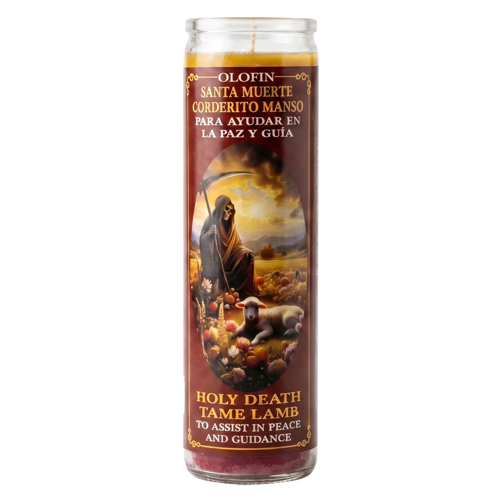 A tall glass jar prayer candle with a printed devotional label featuring Santa Muerte and a lamb, with Spanish and English text reading 'Holy Death, Tame Lamb, To Assist in Peace and Guidance.'.