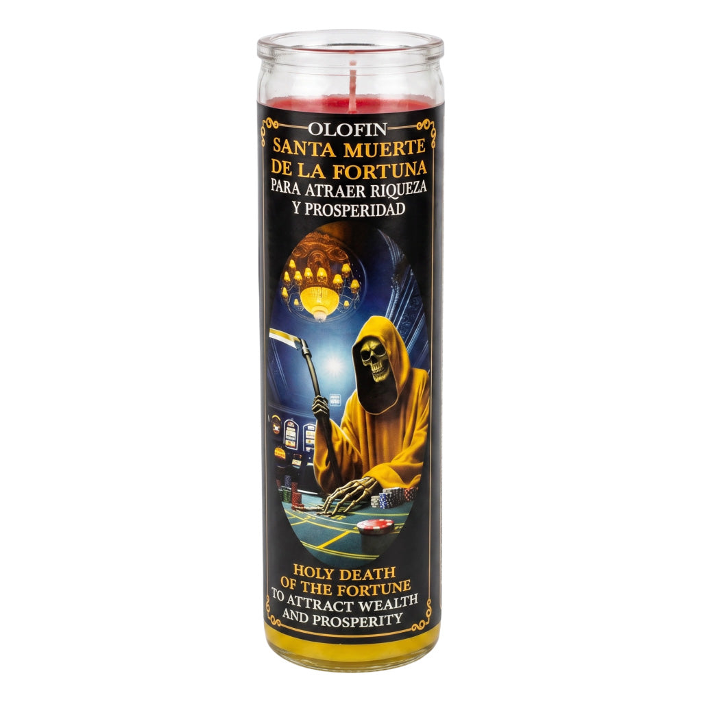 A tall glass jar candle with a red wax fill and a black label featuring a hooded grim reaper holding a scythe, with Spanish and English text reading 'Olofin Santa Muerte de la Fortuna' and 'Holy Death of the Fortune.'.