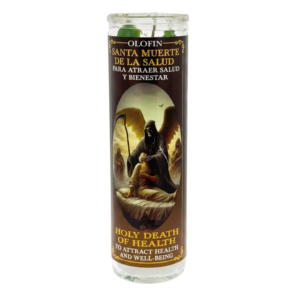 A tall glass prayer candle with a brown printed label featuring a grim reaper illustration and Spanish and English text reading 'Olofin Santa Muerte de la Salud' and 'Holy Death of Health'.