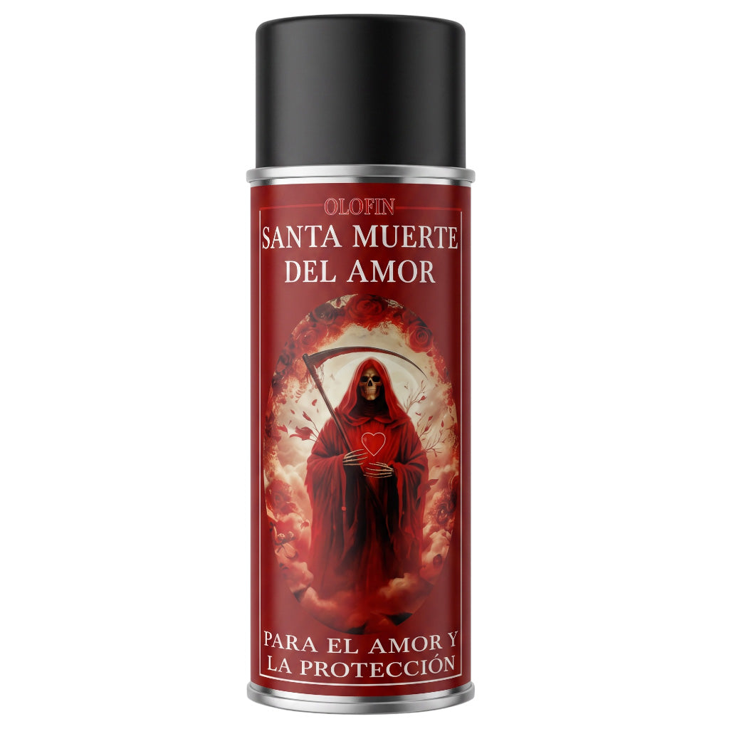 A single aerosol spray can with a black cap and a red label featuring a hooded grim reaper holding a scythe and a red heart, with Spanish text reading 'OLAFIN SANTA MUERTE DEL AMOR' and 'PARA EL AMOR Y LA PROTECCIÓN'.