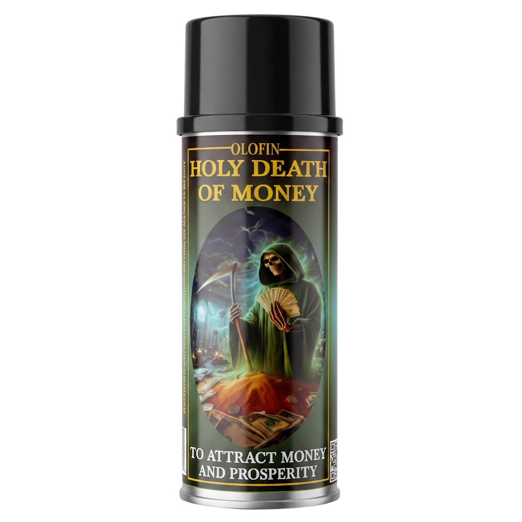 A can of Olofin Holy Death of Money spray, featuring a black cap and a dark label with gold lettering and an illustration of a grim reaper holding a scythe over a pile of gold coins.