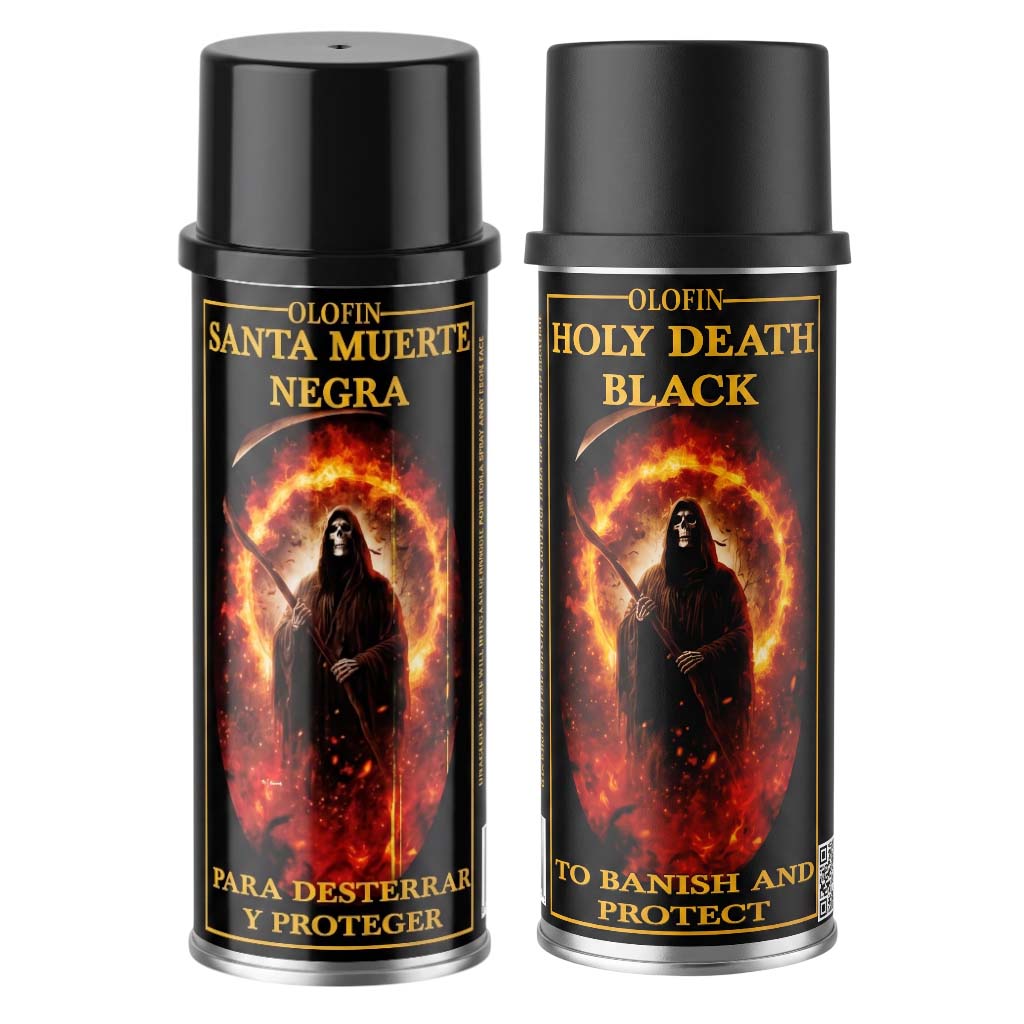 Two black spray cans labeled Olofin Santa Muerte Negra / Holy Death Black, shown side by side on a white background with fiery grim reaper artwork on the labels.