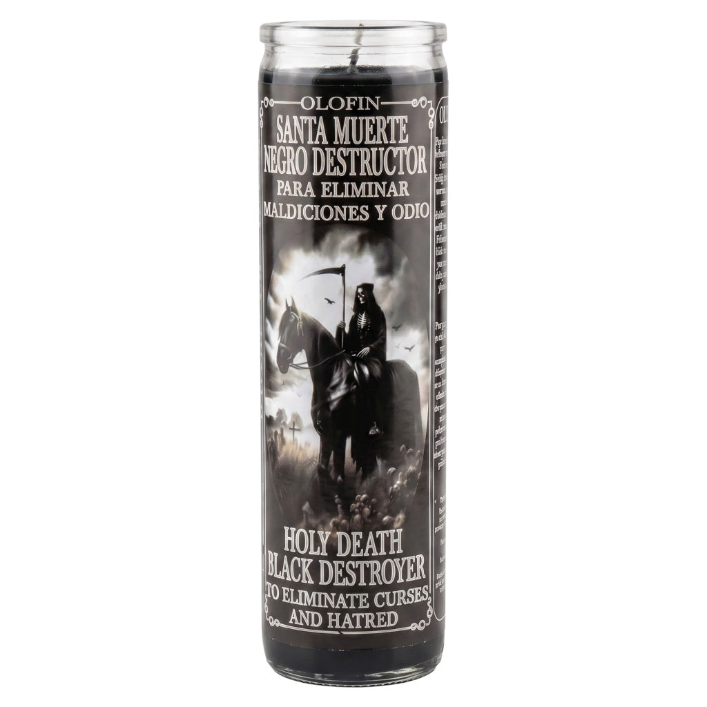 A tall glass jar candle labeled 'Olofin Santa Muerte Negro Destructor' with a black, white, and gray graphic of a hooded figure on a horse, shown on a plain white background.