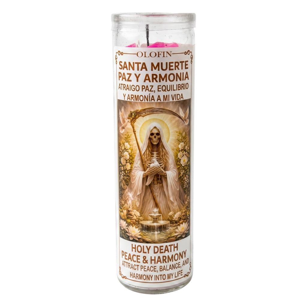 A tall glass jar candle with a printed devotional label featuring Holy Death, shown on a plain white background. The label includes Spanish and English text and an illustration of a robed figure with a halo.