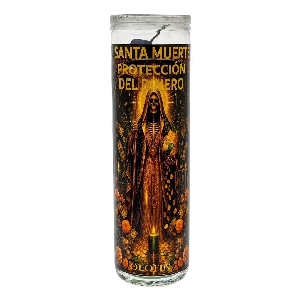 A tall glass prayer candle featuring a Santa Muerte illustration with Spanish text reading 'Santa Muerte Protección Del Dinero' and the brand name 'Dlofin' at the bottom, shown on a plain white background.