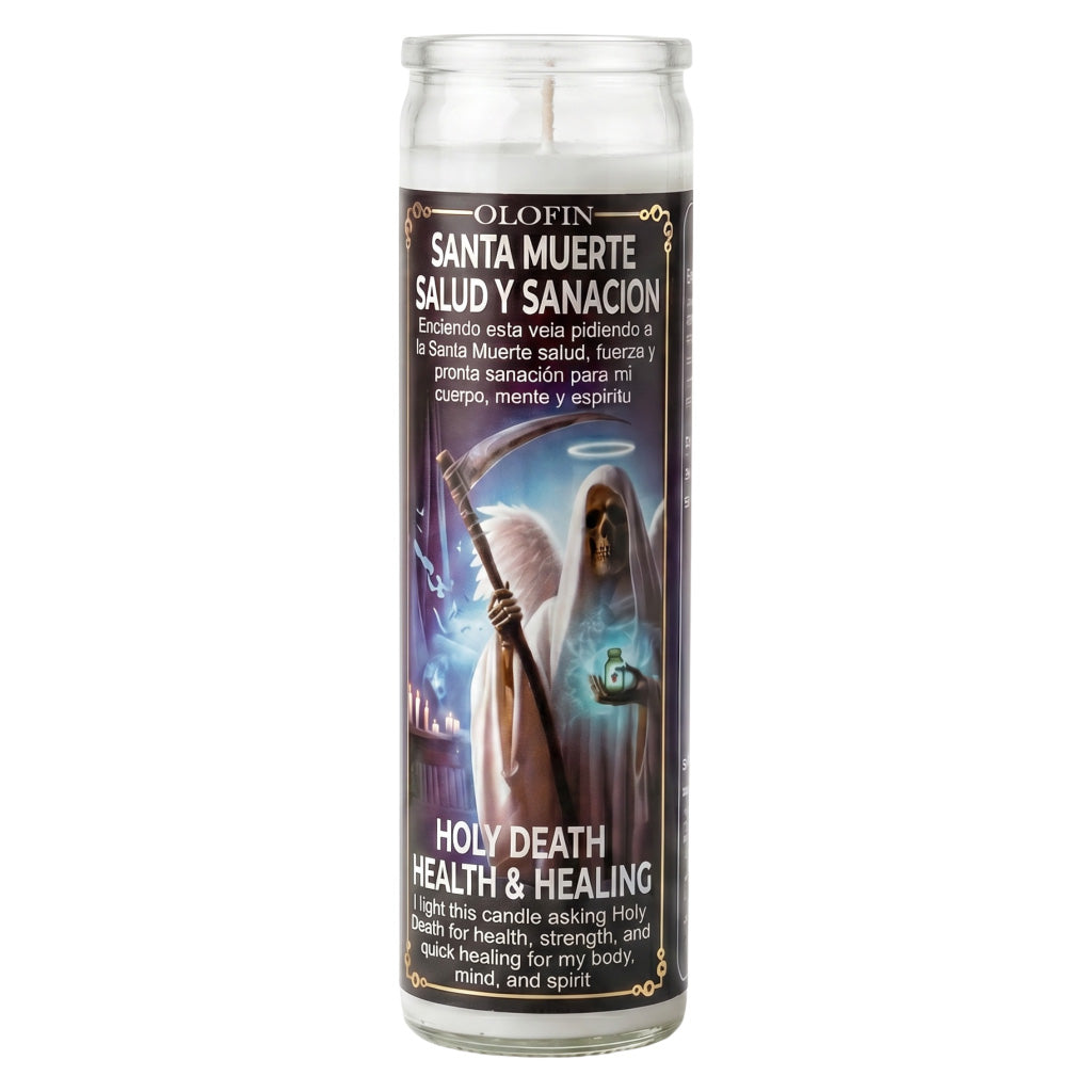 A tall glass jar candle with a clear lid and a printed devotional label featuring Santa Muerte holding a scythe. The label includes Spanish text reading 'Santa Muerte Salud y Sanacion' and English text reading 'Holy Death Health & Healing.