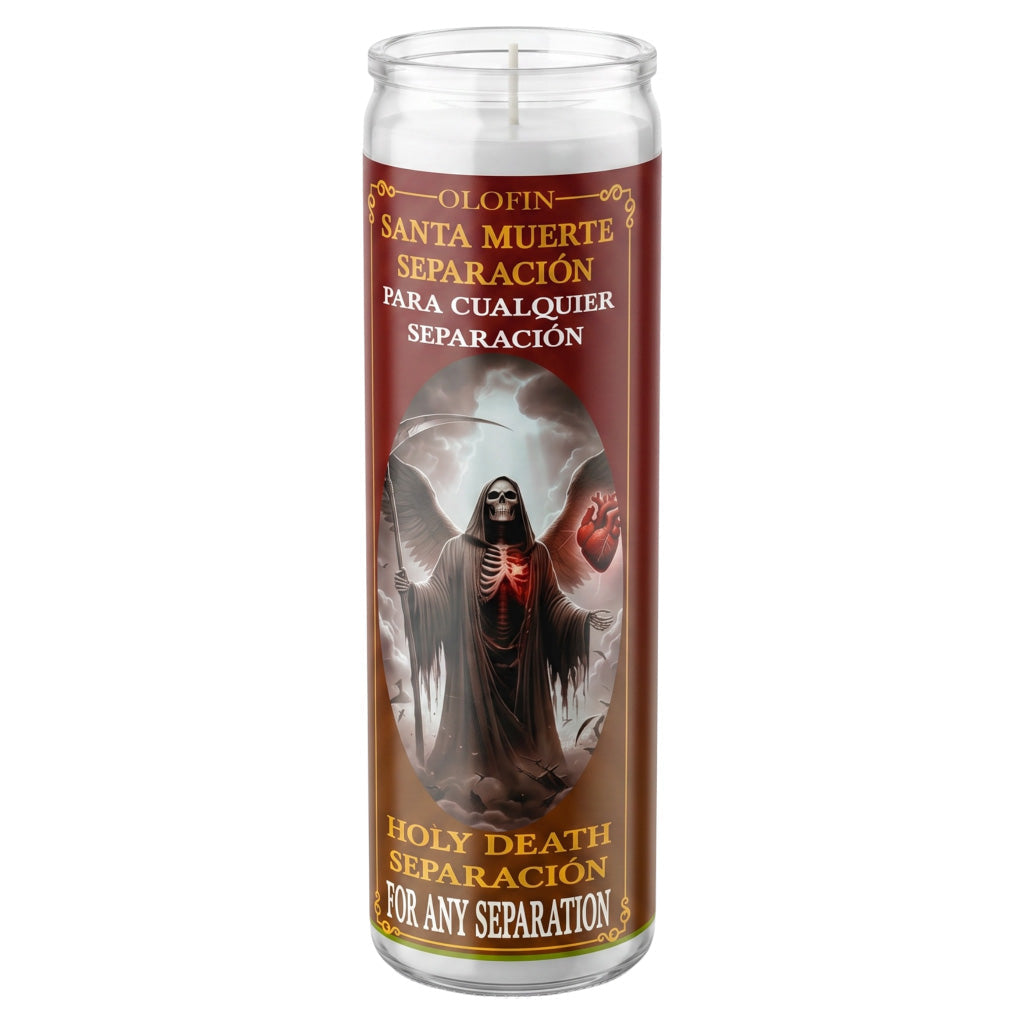 A tall glass prayer candle with a printed label reading 'Olofin Santa Muerte Separación' and 'Holy Death Separación for any separation,' featuring an illustration of a hooded angel figure on a white background.