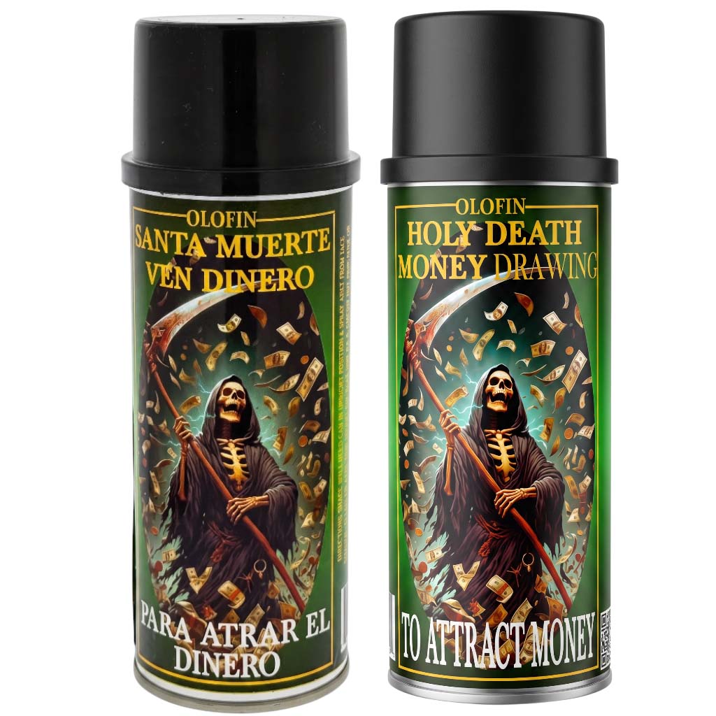 Two aerosol cans of Olofin Holy Death Money Drawing spray with a black cap, featuring a dark green label with an illustration of a hooded grim reaper holding a scythe surrounded by floating banknotes.