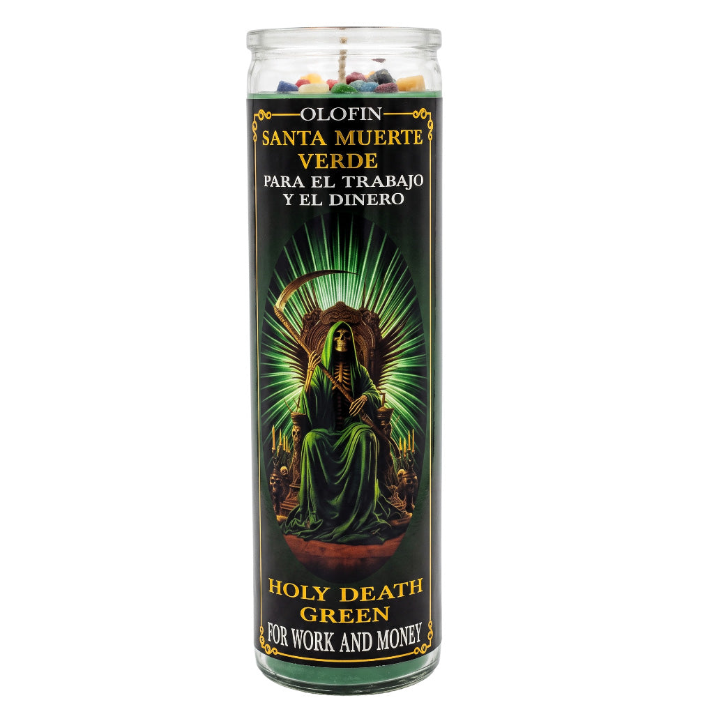 A tall glass jar candle labeled 'Olofin Santa Muerte Verde' with a dark green label featuring a hooded figure and gold text, shown on a plain white background.