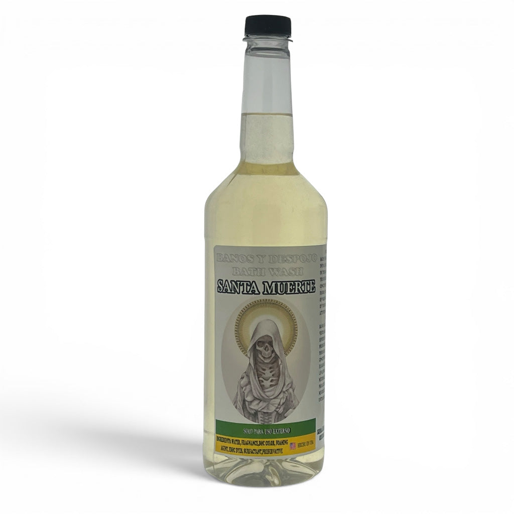 A clear glass bottle of Santa Muerte with a cap and a detailed label featuring a skeleton of the set against a plain white background.