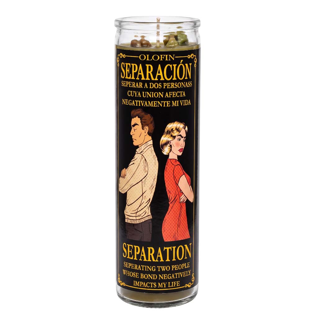 A tall glass jar candle labeled 'Olofin Separación' with a black label featuring retro-style illustrations of a man and a woman and gold text, shown on a plain white background.