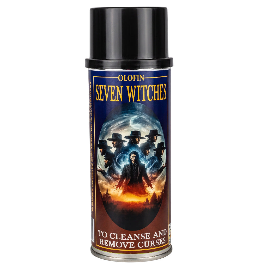 A can of Olofin Seven Witches spray, featuring a black cap and a detailed label with a dark blue background, golden text, and an illustration of seven witches in hats above a fiery landscape.