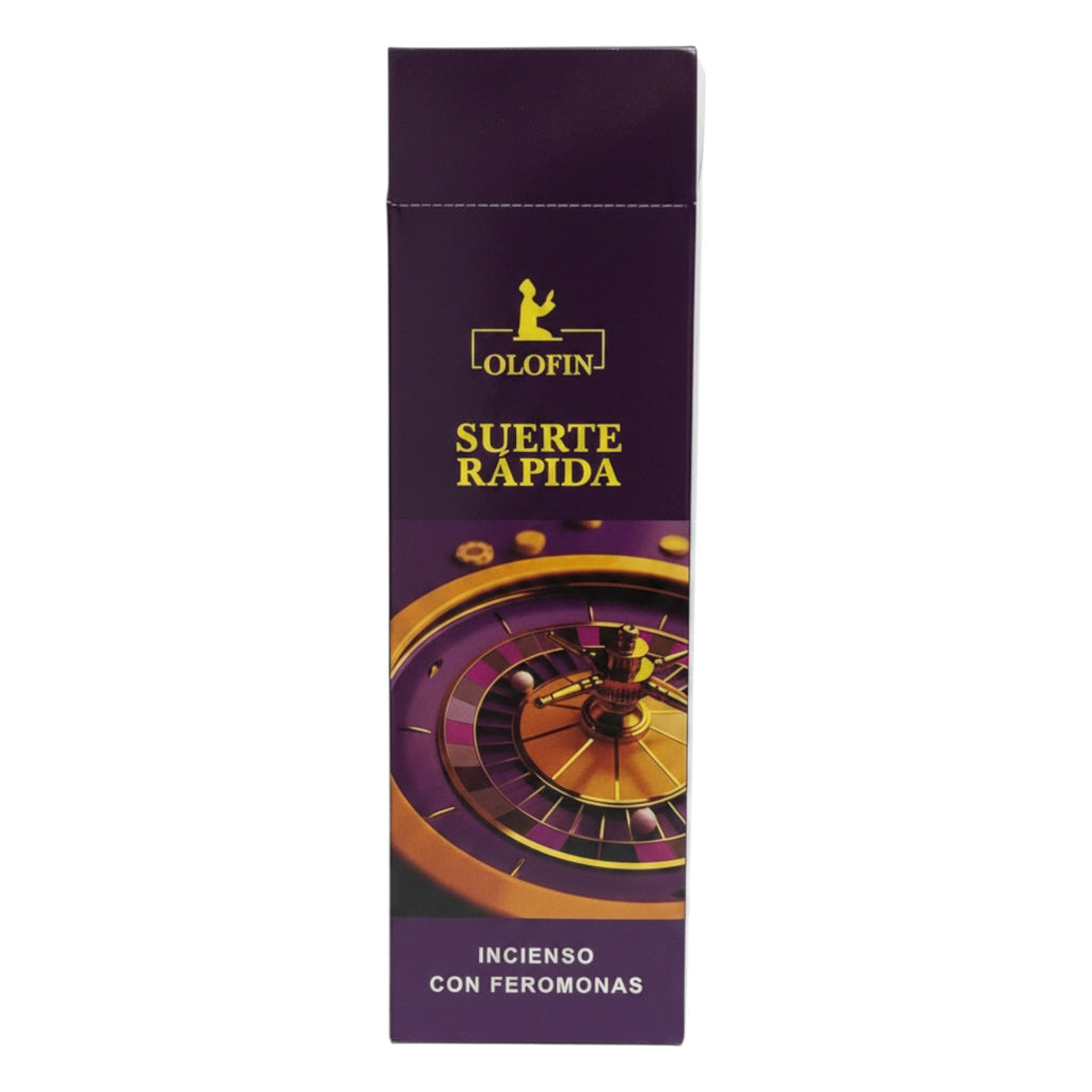 A tall rectangular purple box for Olofin Suerte Rápida incense with feromonas, featuring a gold roulette wheel graphic and yellow branding text on a white background.