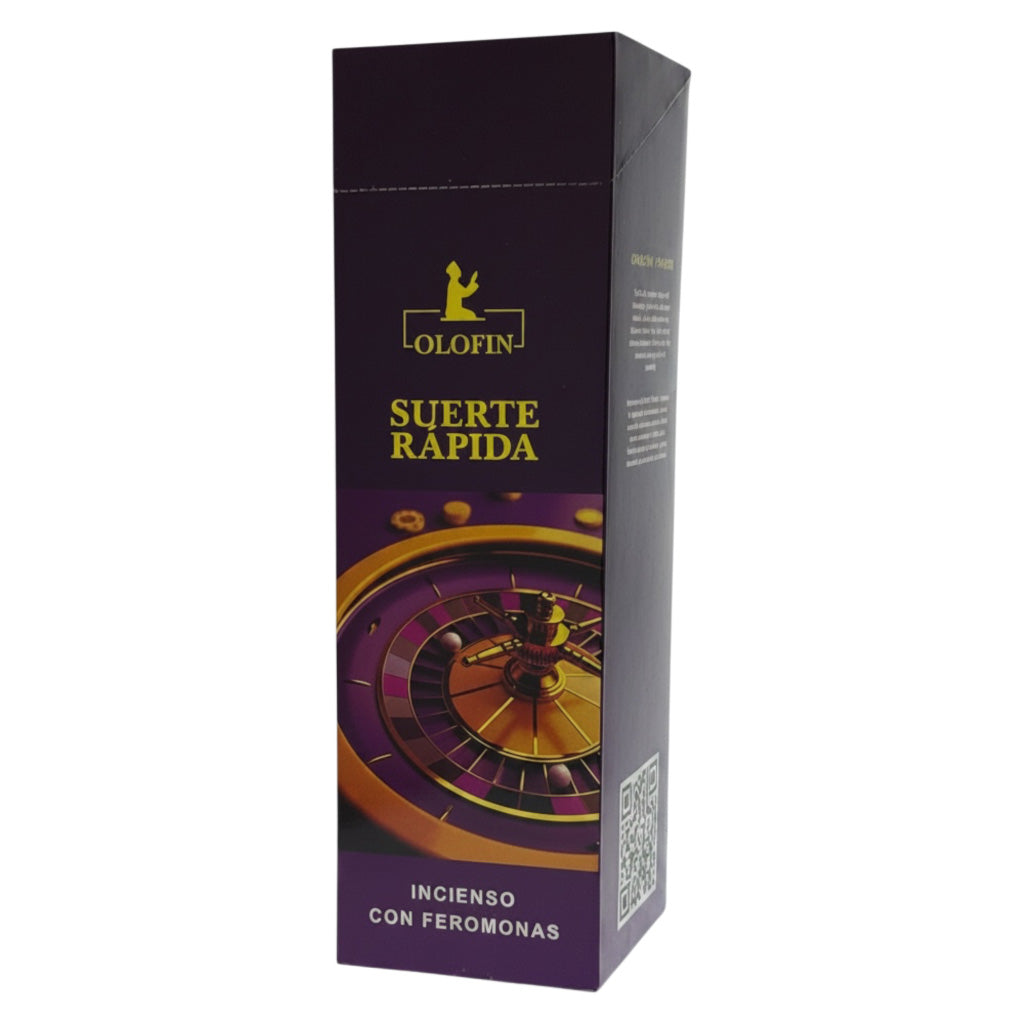 A tall rectangular product box for Olofin Suerte Rápida incense with ferromones, featuring a dark purple and gold design with a roulette wheel graphic, on a plain white background.
