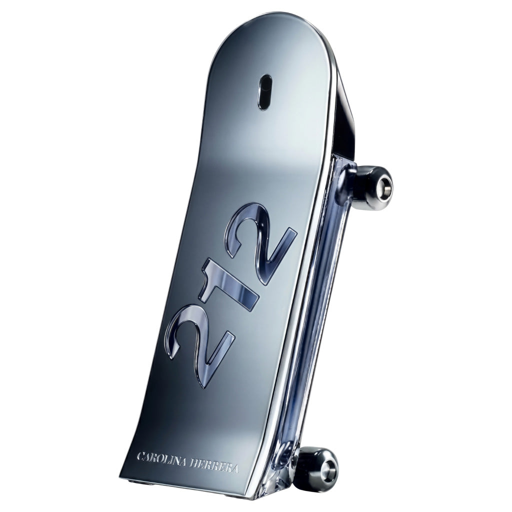 Metallic perfume bottle with 'Carolina Herrera' branding on a white background