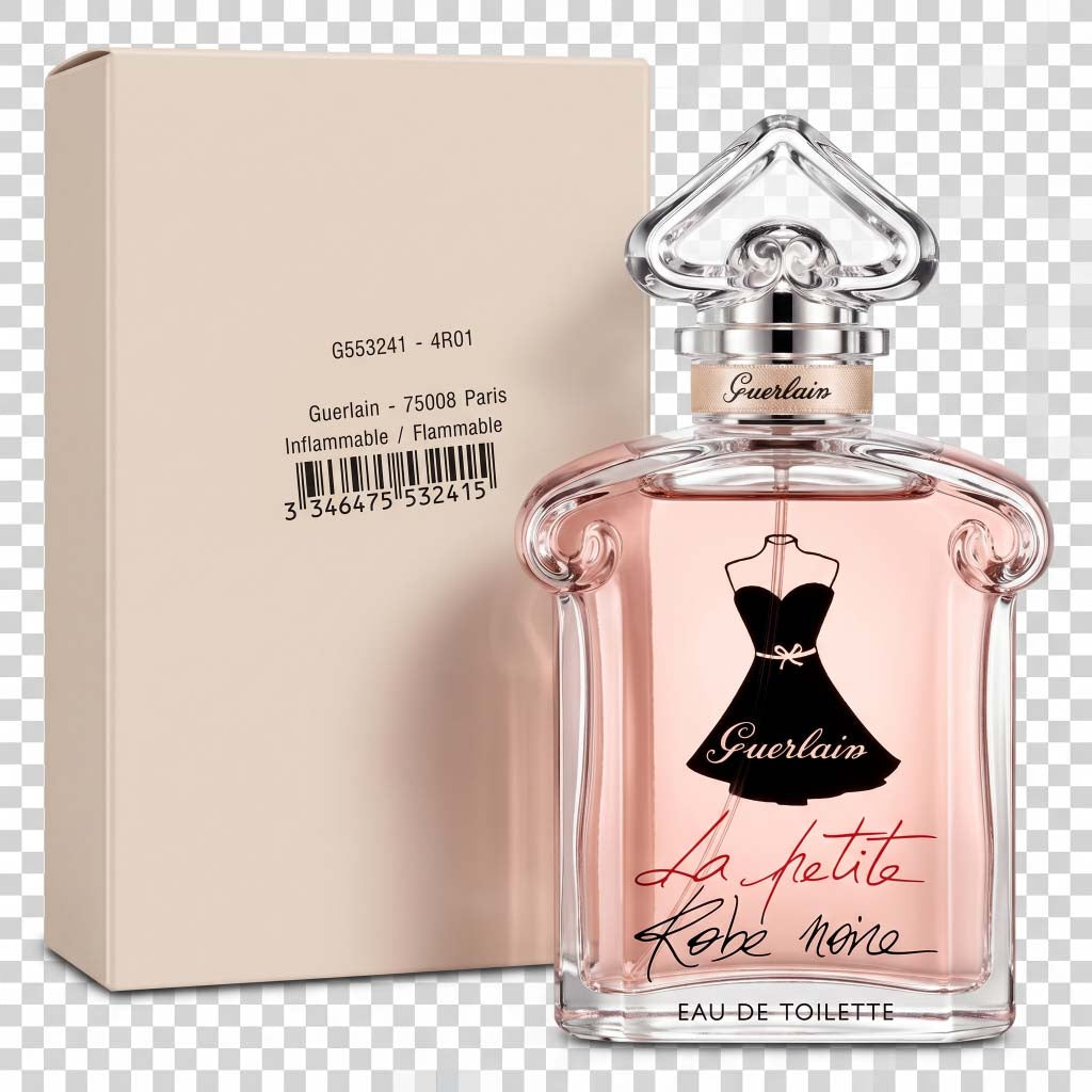 Guerlain perfume bottle and packaging on a transparent background