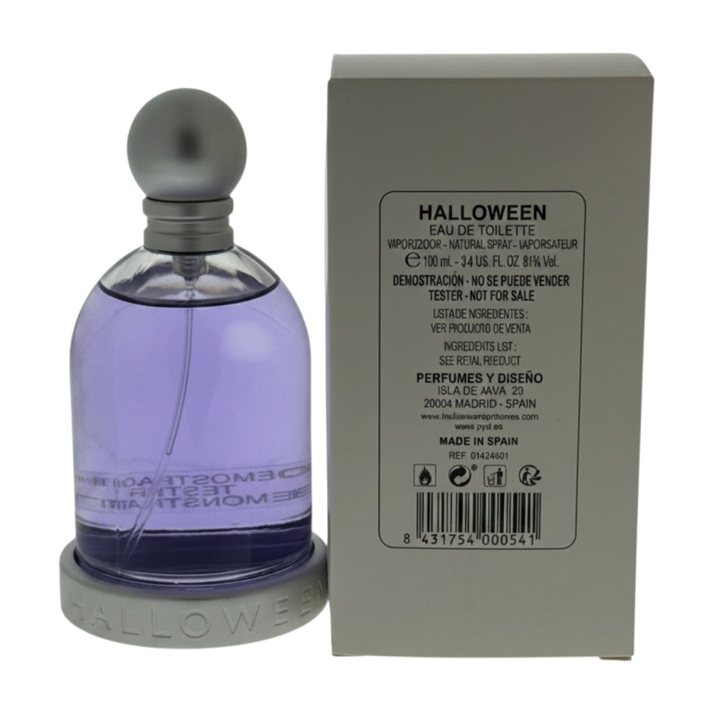 Perfume bottle with purple liquid and gray cap next to its packaging on a white background