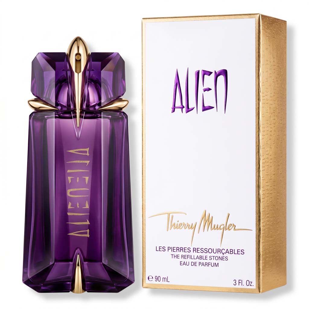 Purple perfume bottle with gold accents and matching box on a white background