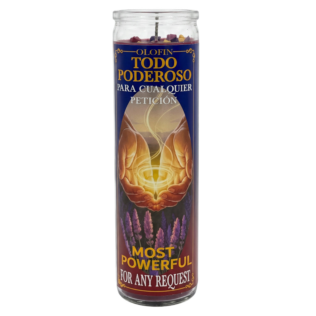 A tall glass jar candle labeled 'Olofin Todo Poderoso' with Spanish text, featuring a dark blue label with gold and white lettering, a glowing hands illustration, and purple flowers near the bottom.