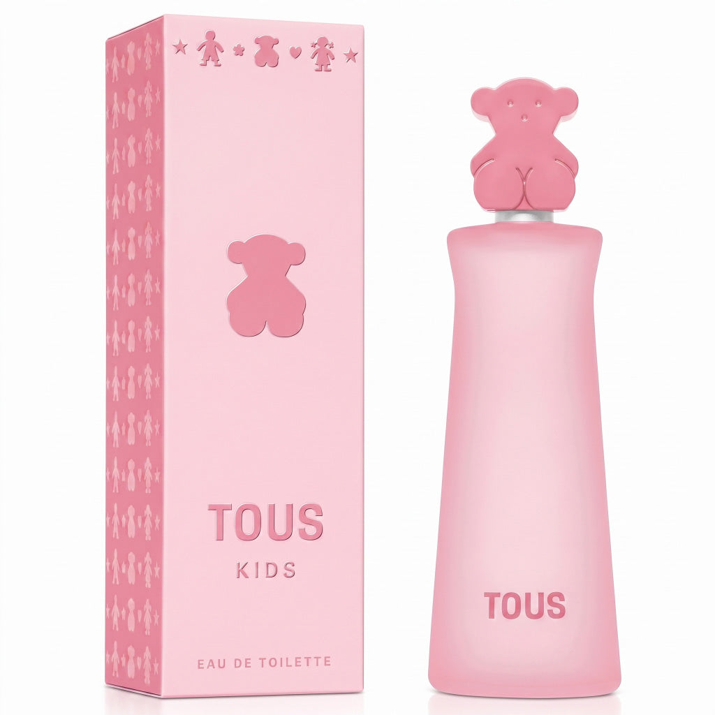Pink Tous Kids perfume bottle and packaging on a white background