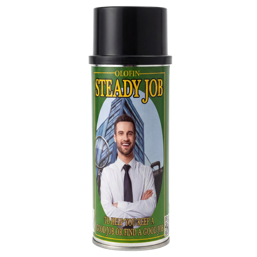 A can of Olofin Steady Job spray paint with a black cap and a green label featuring a man in a white shirt and tie.