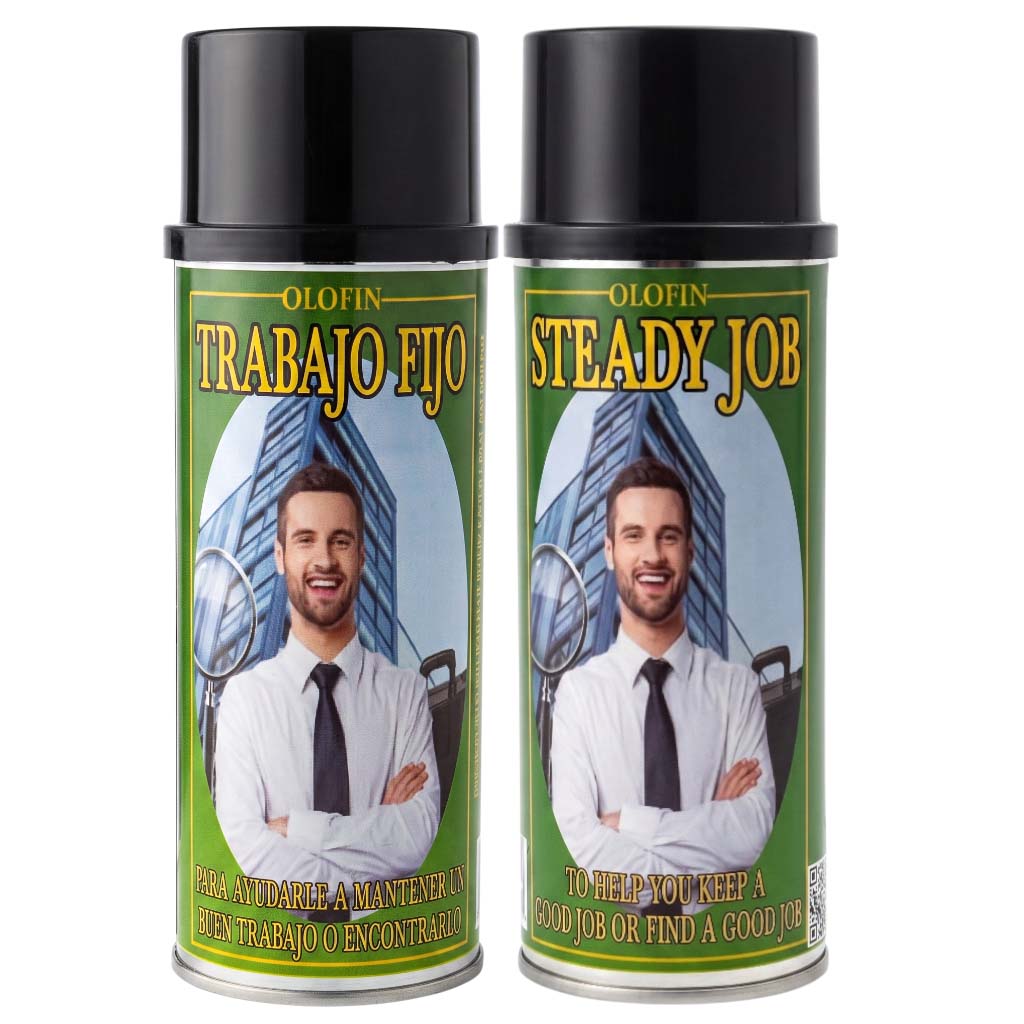 Two Olofin 'Trabajo Fijo' / 'Steady Job' spray cans with black caps and green labels featuring a portrait of a man in a white shirt and tie.