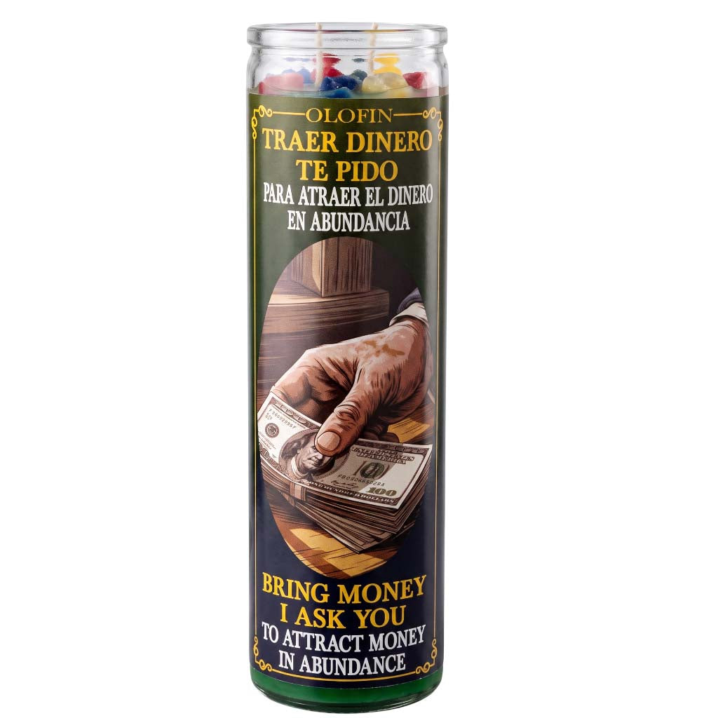 A tall glass prayer candle with a dark green and black label featuring Spanish text 'Olofin Traer Dinero Te Pido Para Atraer El Dinero En Abundancia' and 'Bring Money I Ask You To Attract Money In Abundance,' plus an illustration of a hand placing money in a slot. The candle is shown on a plain white background.