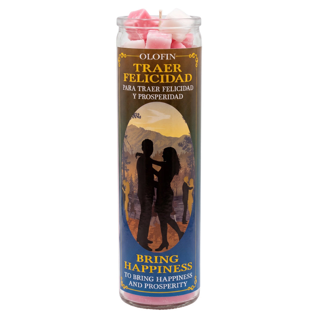 A tall glass jar candle with a colorful printed label reading 'Olofin Traer Felicidad' and 'Bring Happiness and Prosperity,' topped with pink wax and wicks.