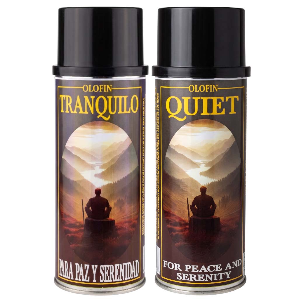 Two Olofin Tranquilo / Quiet spray cans with black caps and a dark label featuring a scenic mountain landscape and a seated figure, shown side by side on a white background.