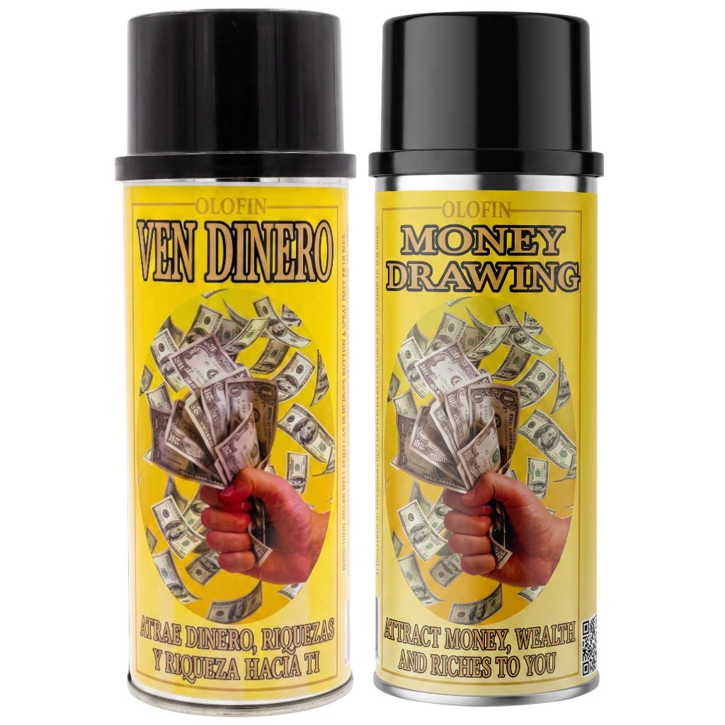 Two yellow spray cans with black caps labeled 'Olofin Ven Dinero' and 'Olofin Money Drawing', featuring an illustration of cash and a hand on a white background.