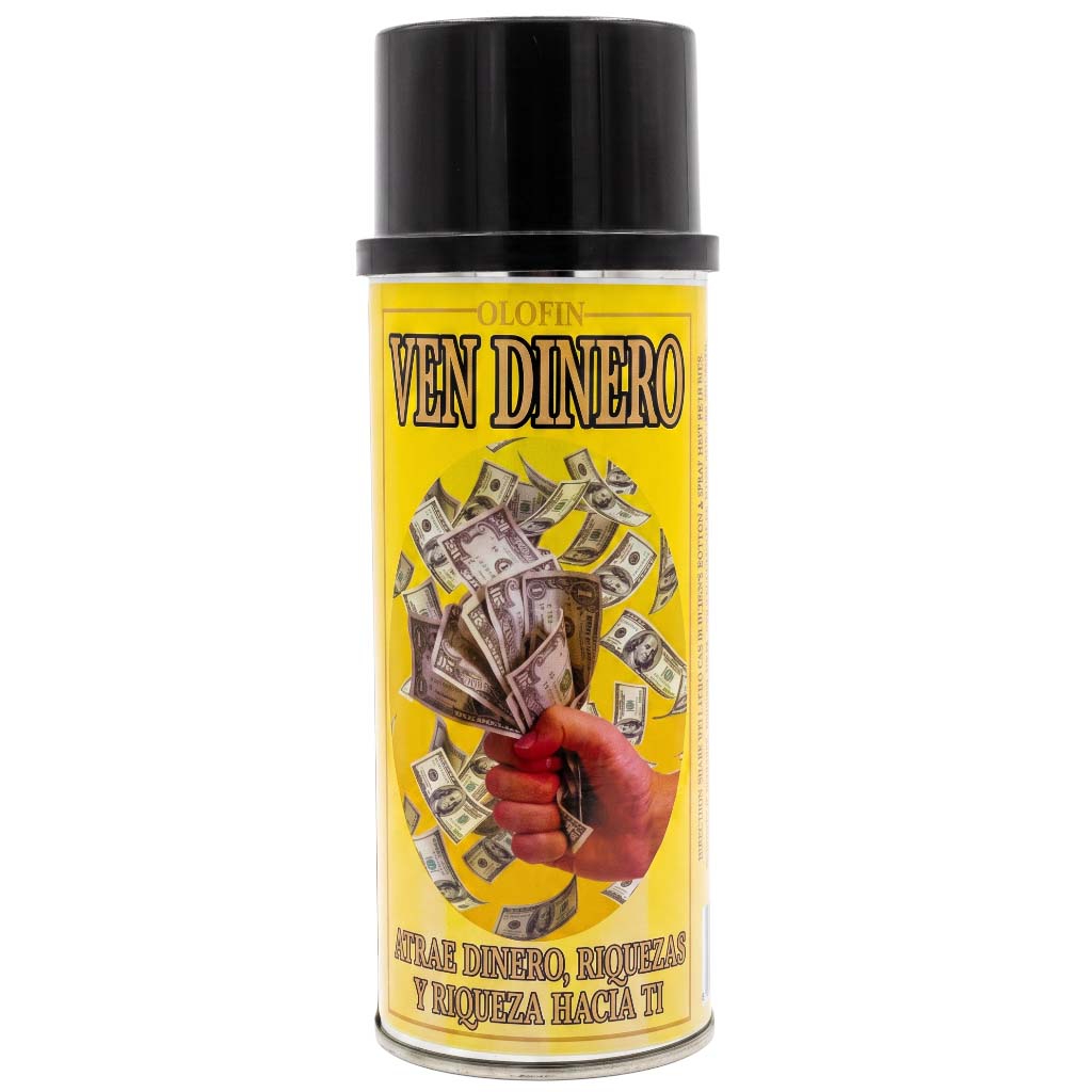 A can of Olofin Ven Dinero magic spray with a bright yellow label and a black cap, featuring an illustration of cash and a hand on a white background.