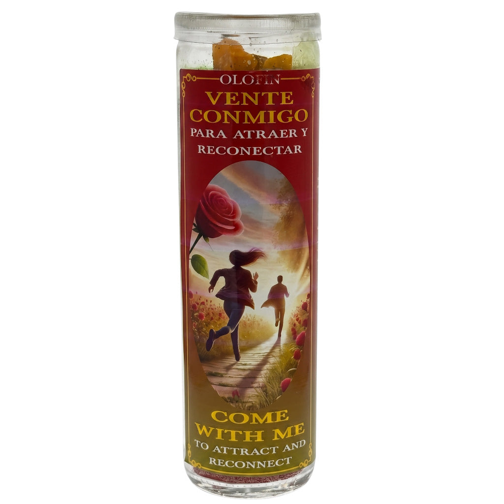 A tall glass prayer candle with a clear lid and a colorful printed label. The label features Spanish text reading 'VENTE CONMIGO PARA ATRAEY Y RECONECTAR' and English text reading 'COME WITH ME TO ATTRACT AND RECONNECT,' plus an illustration of two people running toward a glowing path with a rose and warm sunset tones.