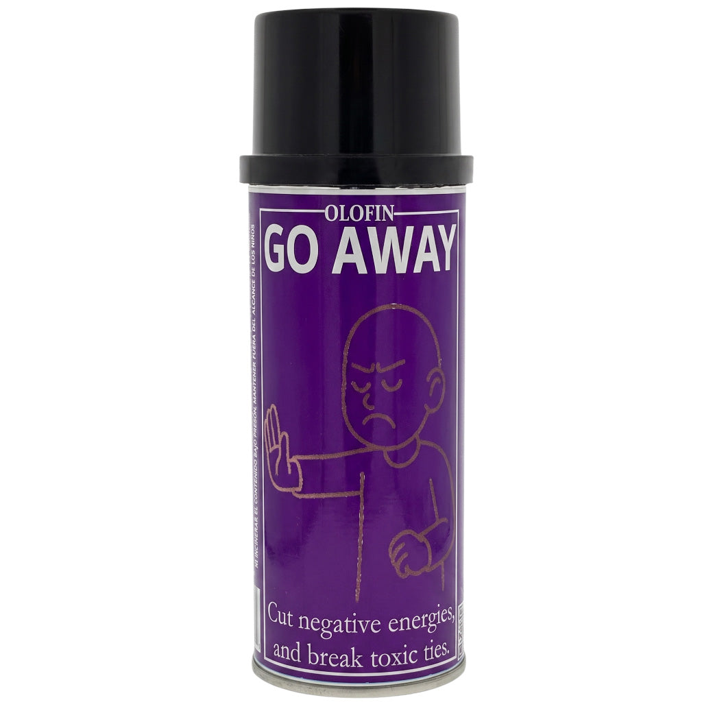 A purple spray can with a black cap labeled 'OLOFIN GO AWAY' and a simple line drawing of a person with a raised hand, on a plain white background.