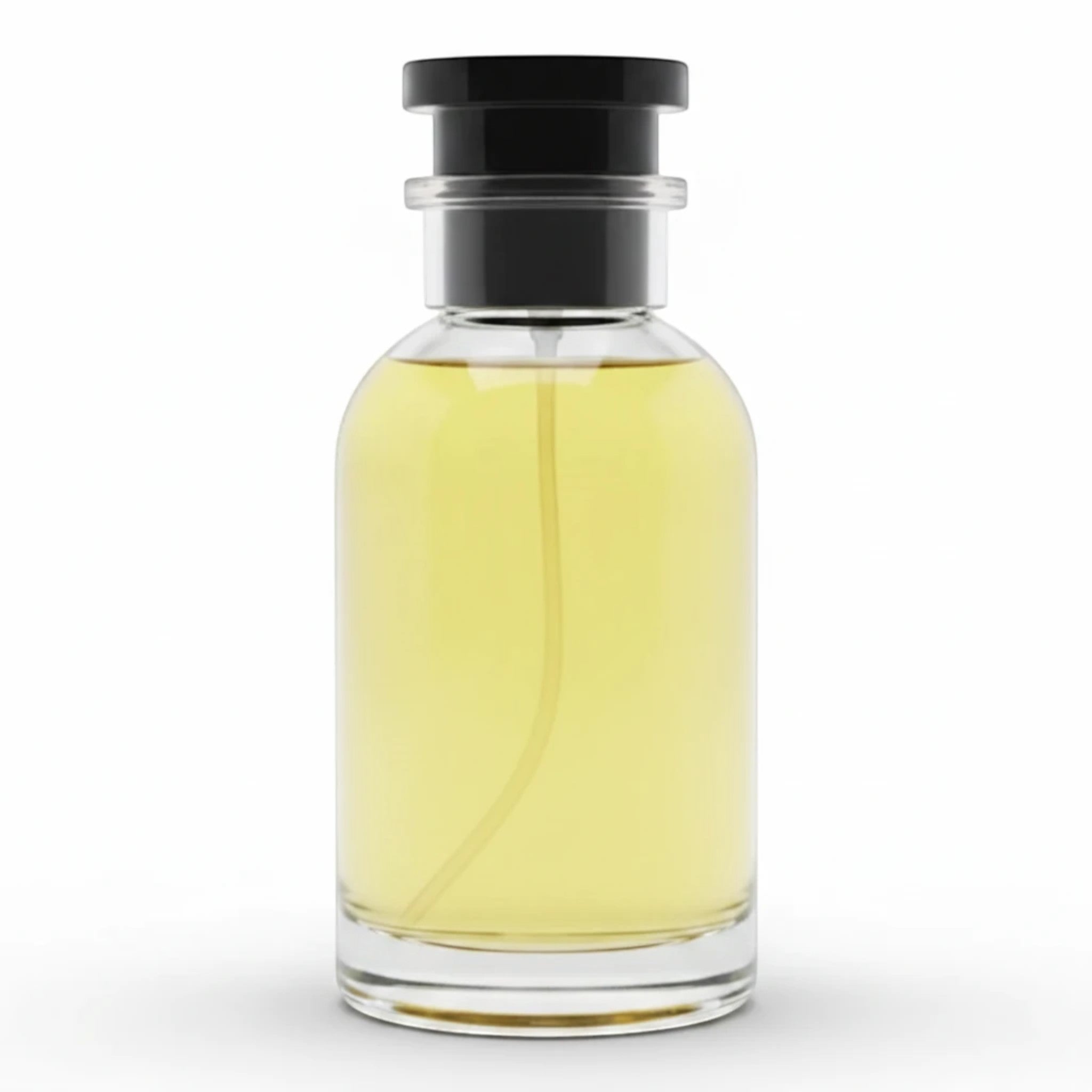 Dubai Perfume LA Oro Y Plata pheromone-infused perfume in a minimalist clear glass bottle with a black cap.