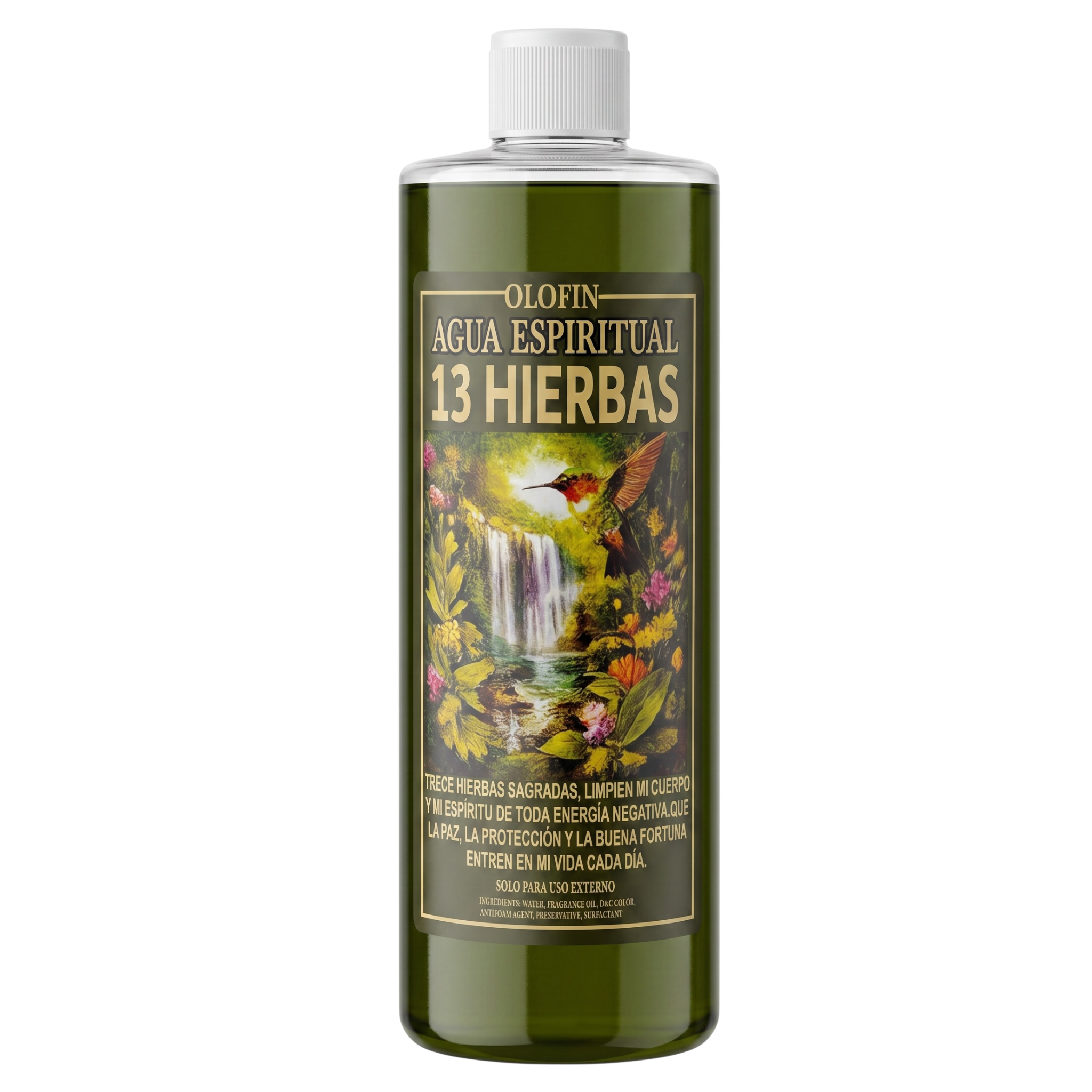 A bottle of Olofin Agua Espiritual 13 Hierbas herbal bath salts, featuring a dark green liquid and a label with a colorful nature illustration of a waterfall and hummingbird.