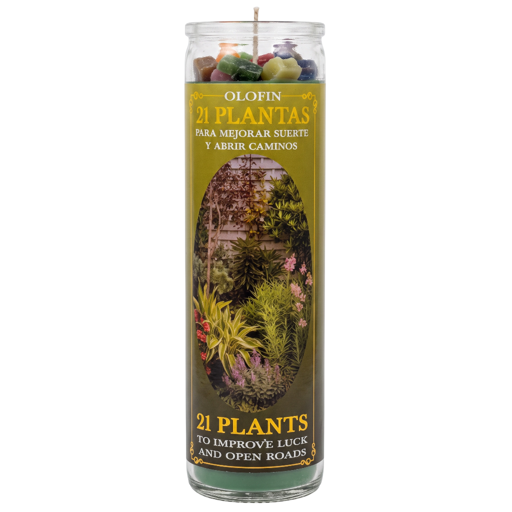 A tall glass jar candle labeled 'Olofin 21 Plantas' with a green label featuring an oval garden illustration and Spanish and English text about improving luck and opening roads, shown on a white background.